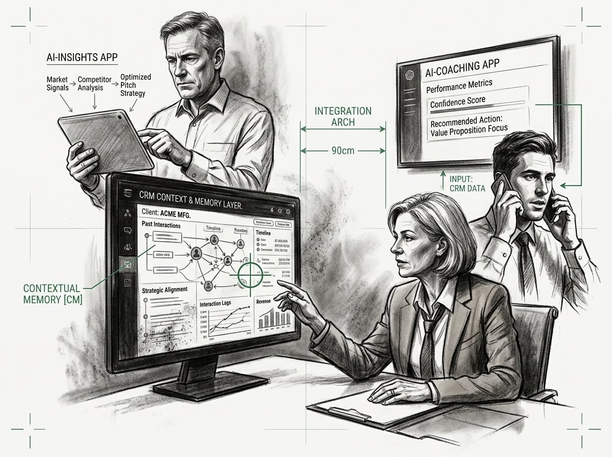 A CRM with a context and memory layer surrounded by AI apps that help sales reps excel, an AI-first industrial sales stack
