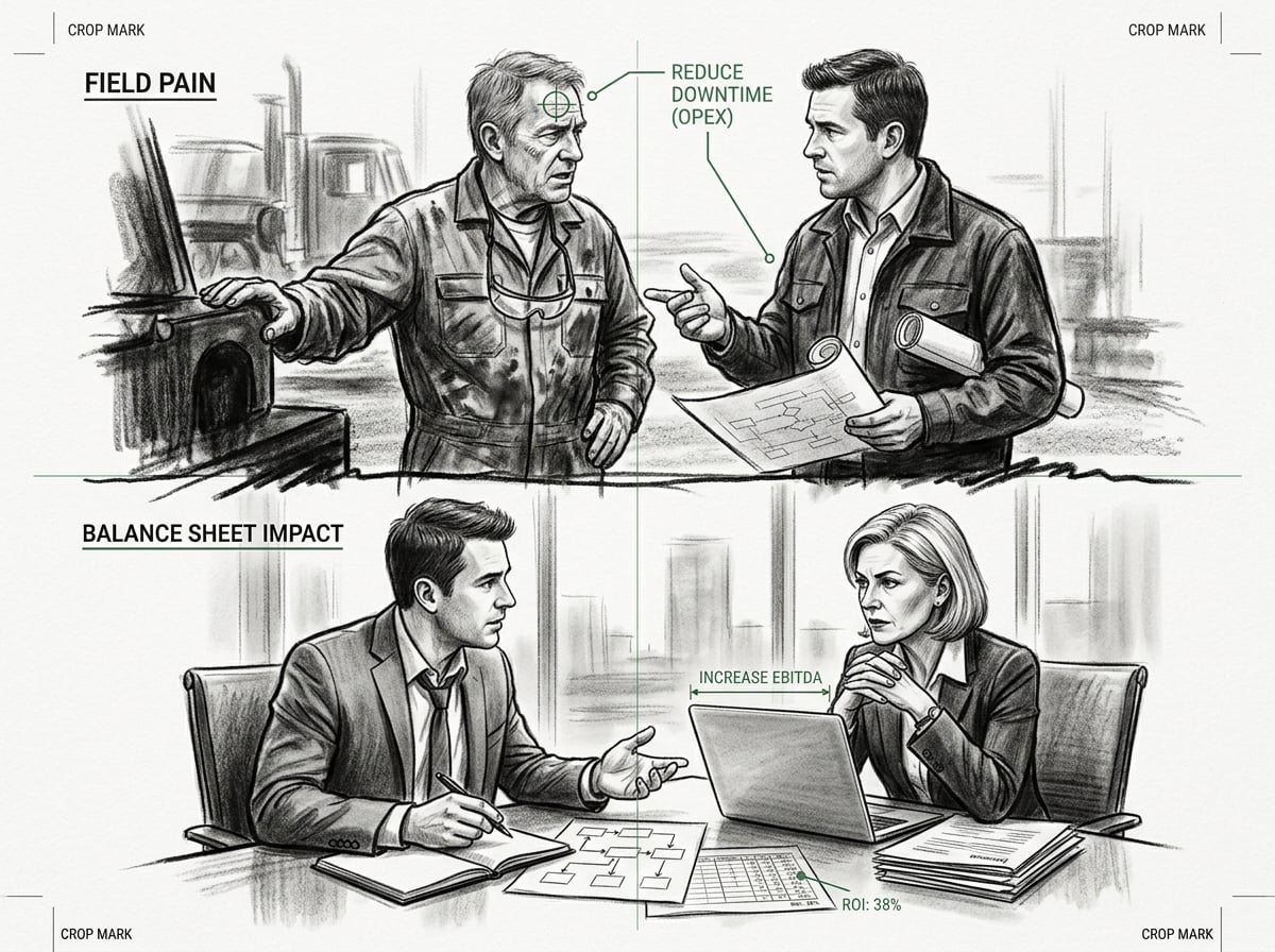 A split scene of one rep discussing operational pain with a maintenance manager and another discussing balance-sheet impact with a CFO, showing the message tailored to each buyer role