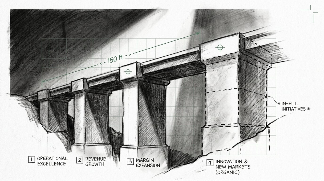 An EBITDA value creation bridge with three solid pillars and an oversized fourth organic growth pillar drawn as a dashed block being filled in under a spotlight