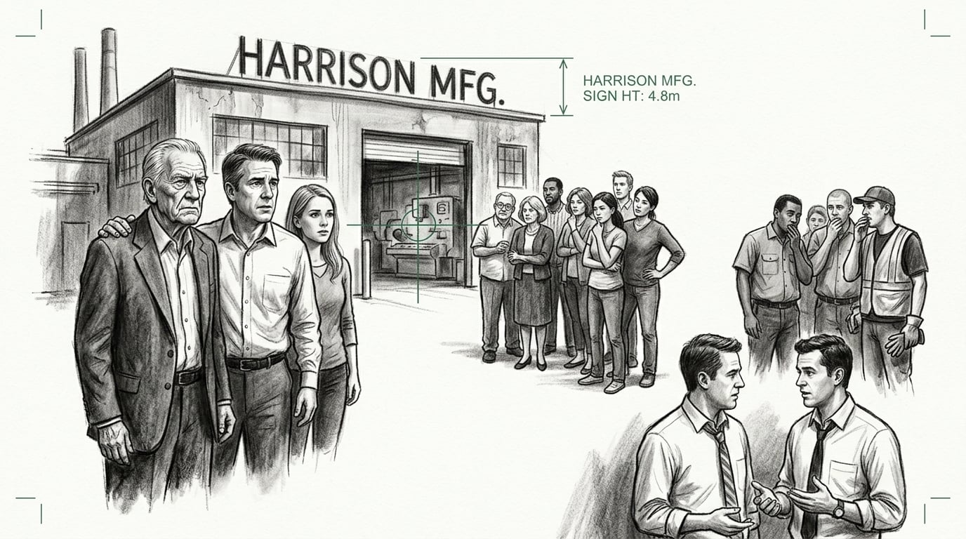 Three generations of a family standing before their name-branded factory, family and employees uncertain about the business's future and what the sales team is doing