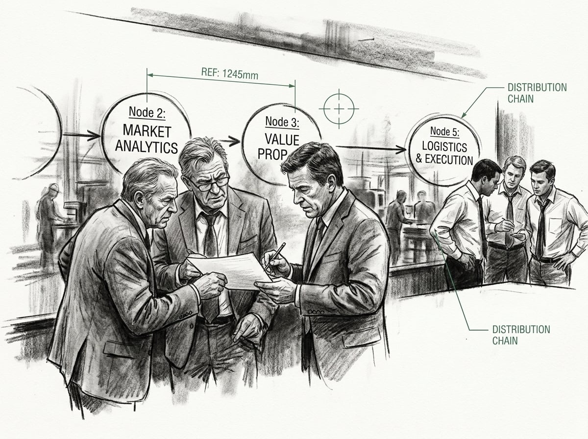 Five sequential buying decision nodes with buyer executives focused on the early strategic decisions while reps concentrate on the final one