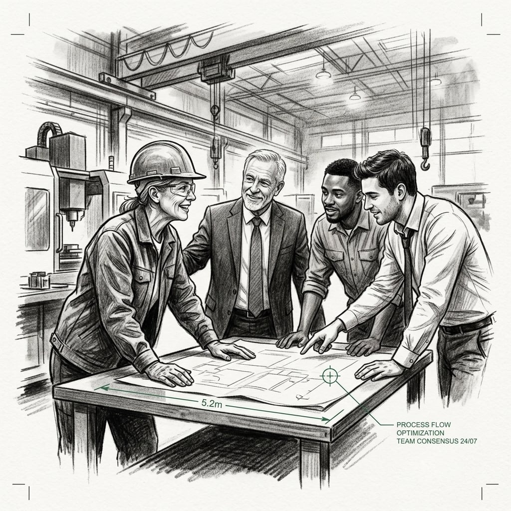 A collaborative industrial executive leadership team working in mutual support, representing a strong client fit for industrial revenue growth consulting