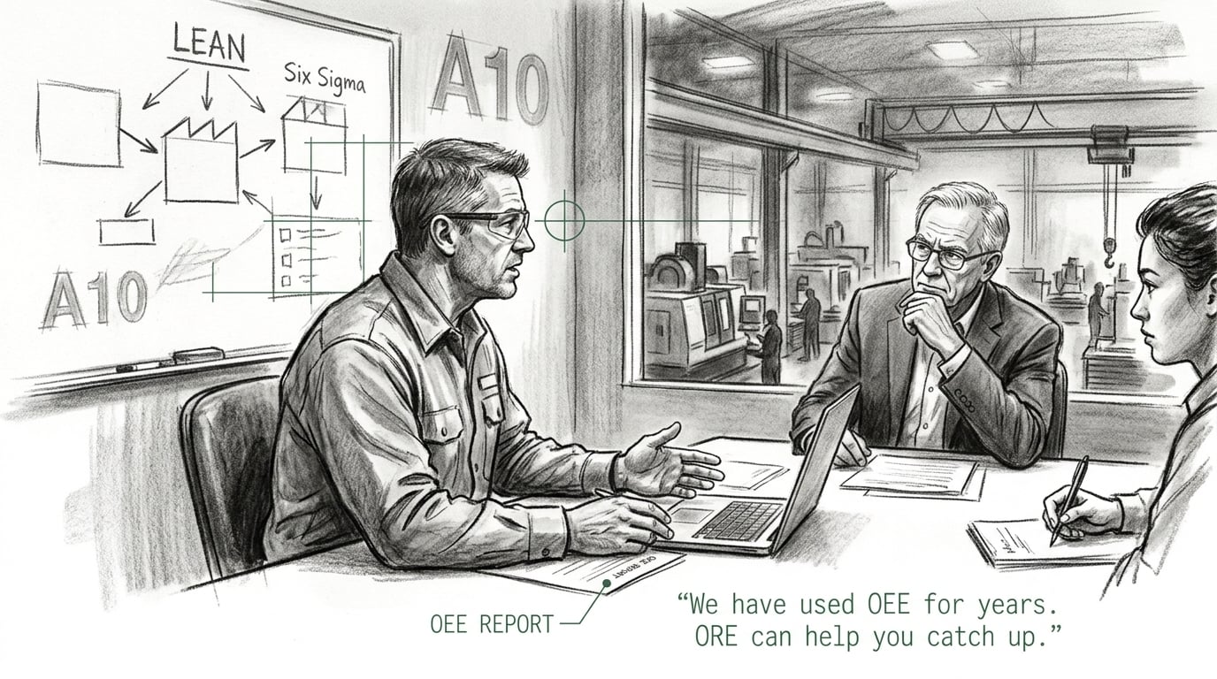 Operations leaders in a factory mezzanine conference room comparing Overall Revenue Effectiveness (ORE) to the OEE metric they have used for years