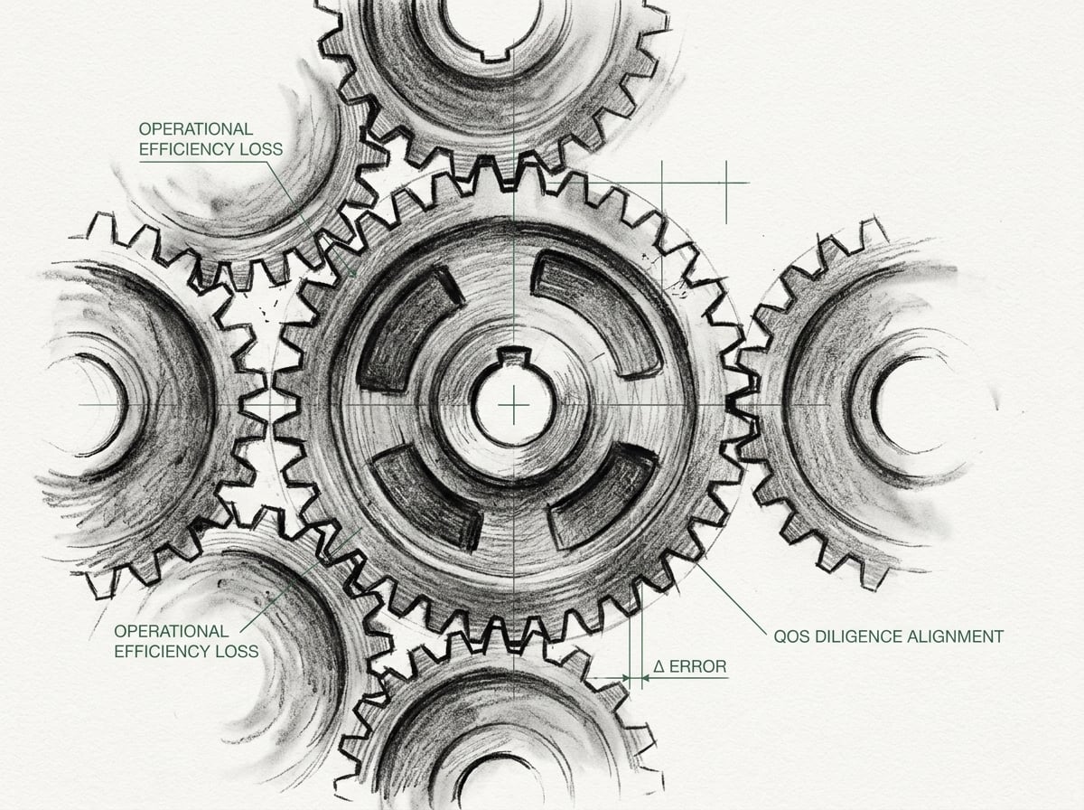 A central platform gear meshing with bolt-on acquisition gears, the well-integrated ones aligned by a Quality of Sales playbook while others slip