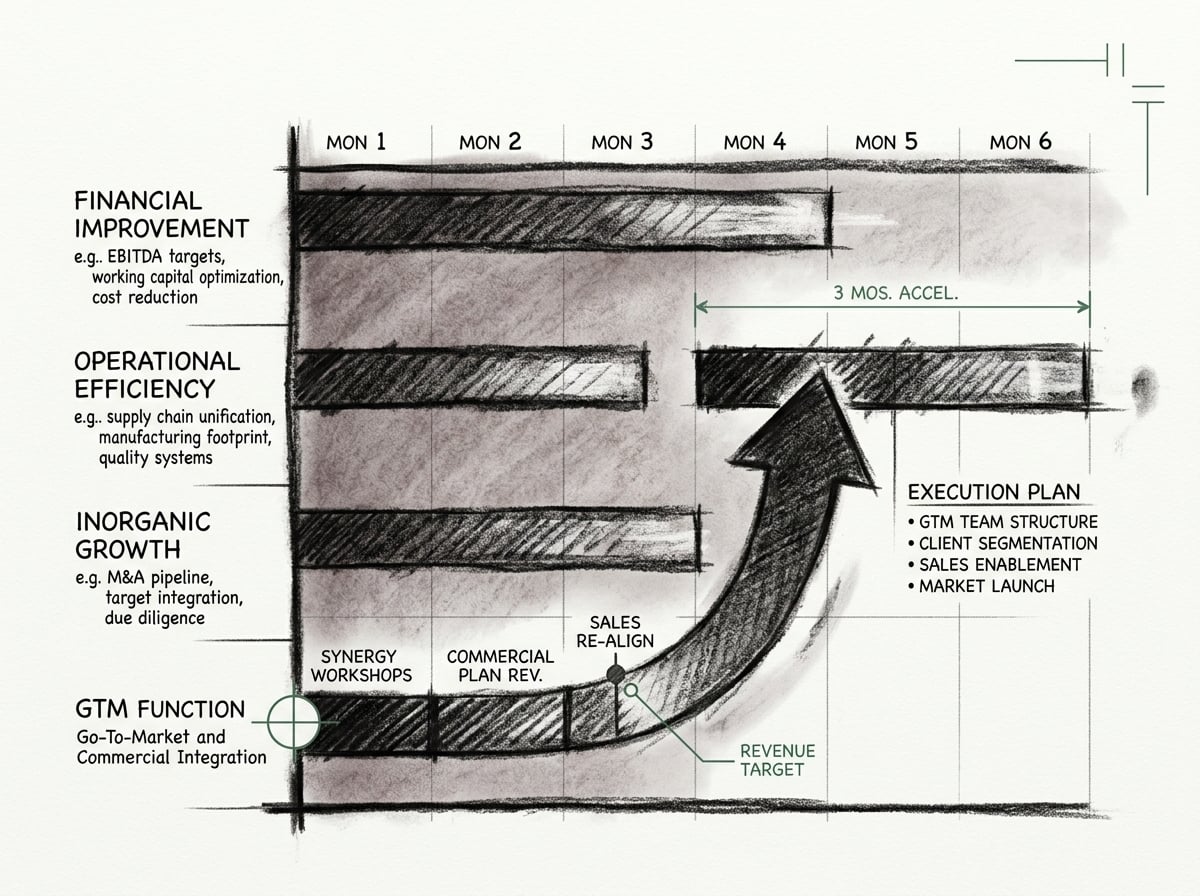 A private equity 100 day integration gantt chart with financial, operational, inorganic growth and go-to-market lanes, the GTM lane pulled forward for immediate action