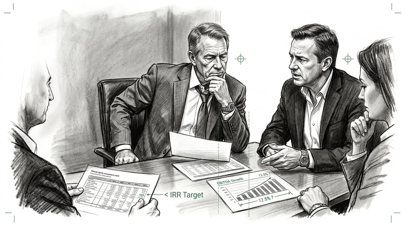Private equity investment committee reviewing acquisition diligence and weighing how much organic revenue growth can contribute to hitting the EBITDA and IRR target