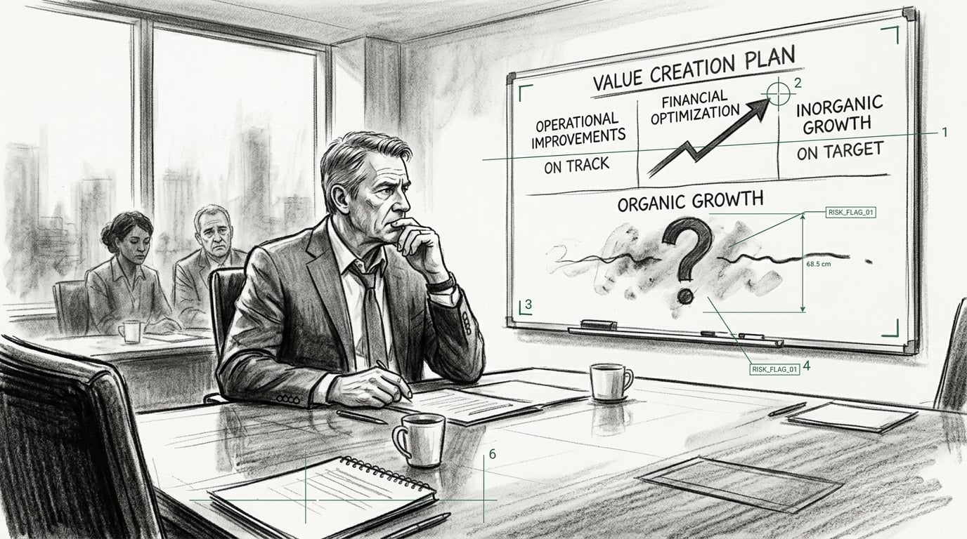 Private equity value creation dashboard on a boardroom wall showing financial and operational levers on track while the organic revenue growth lever stalls under a question mark