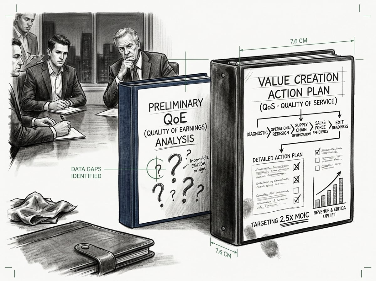 Two private equity diligence binders on a boardroom table, a thin quality of earnings binder full of question marks beside a thicker Quality of Sales binder with a value creation action plan