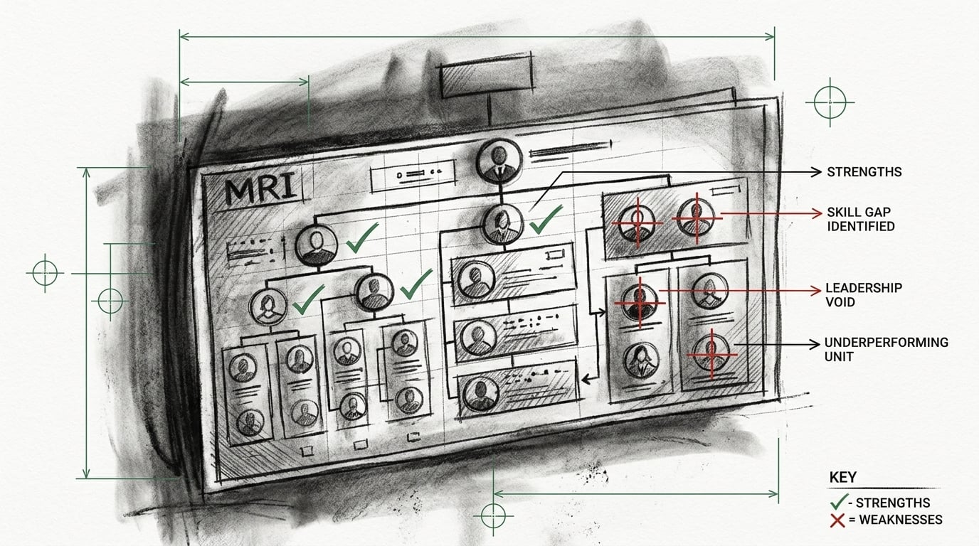 A Quality of Sales diagnostic that scans a sales organization like an MRI, marking weak spots with red crosshairs and strong spots with green checks