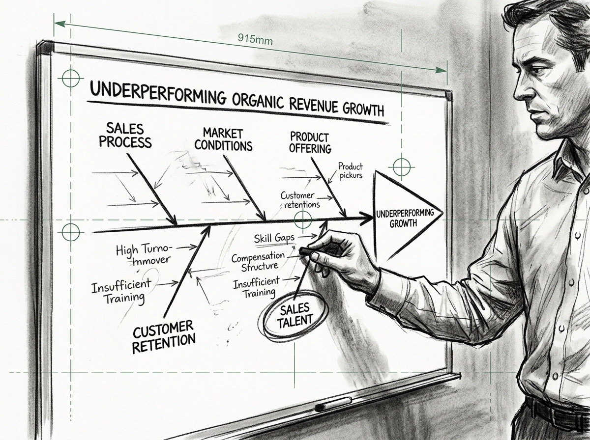A fishbone root cause analysis diagram on a whiteboard diagnosing underperforming organic revenue growth, with the sales talent branch spotlighted