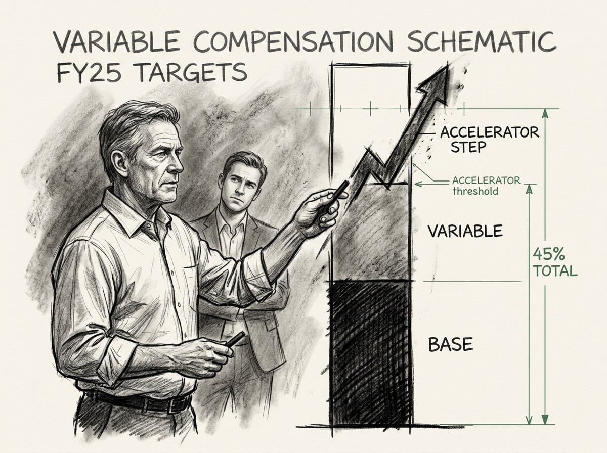 A sales compensation plan bar split into base and variable pay with an accelerator step for over-performance