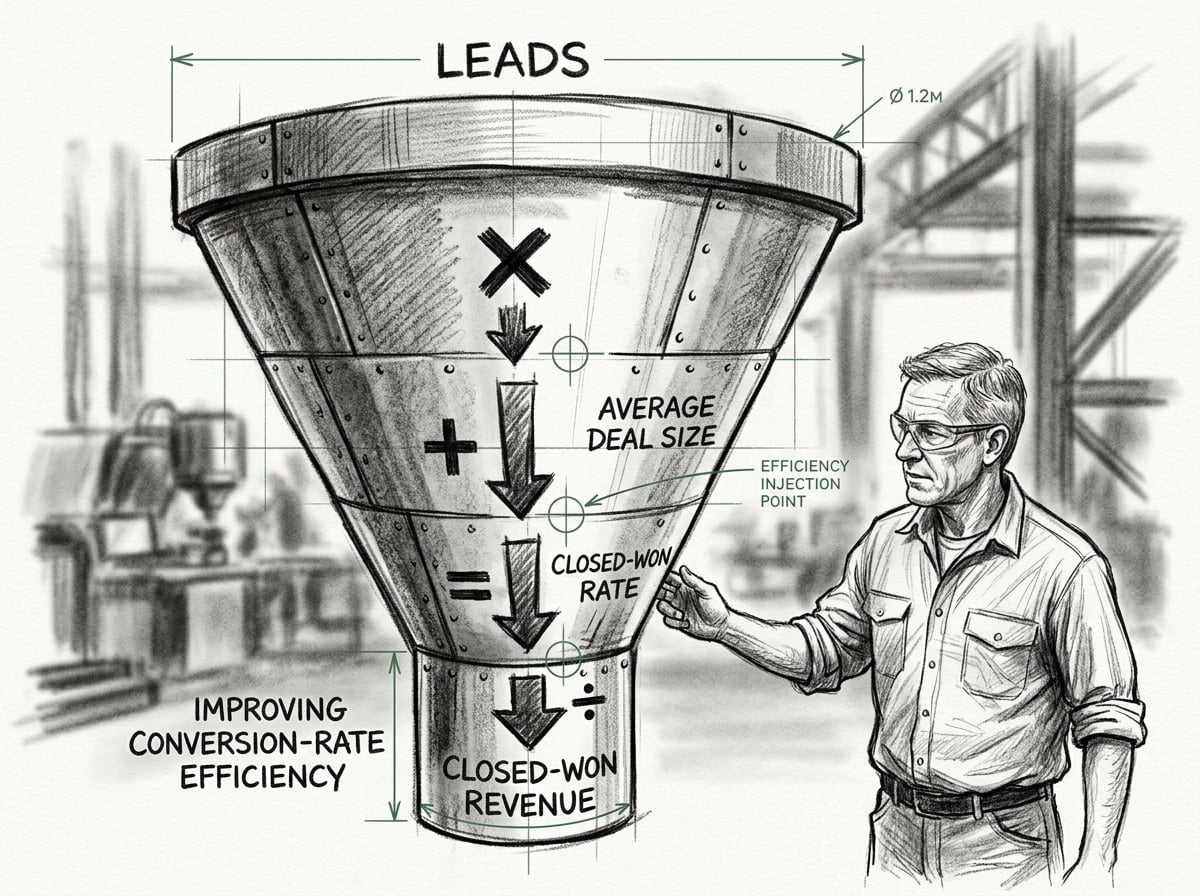 A sales funnel annotated with conversion arrows and metrics like average deal size and closed-won rate, emphasizing improved conversion rate efficiency