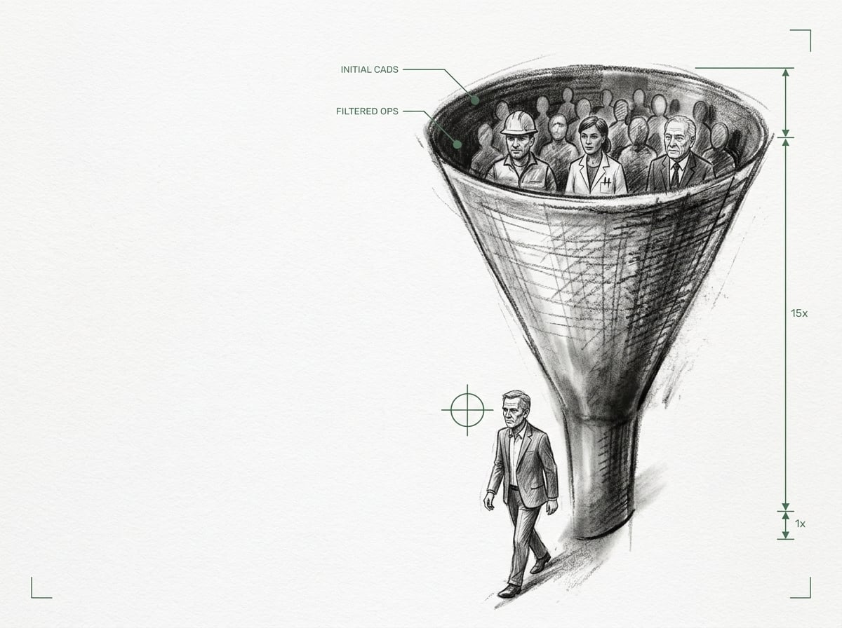 A sales hiring assessment funnel narrowing many industrial sales candidates down to the one right hire