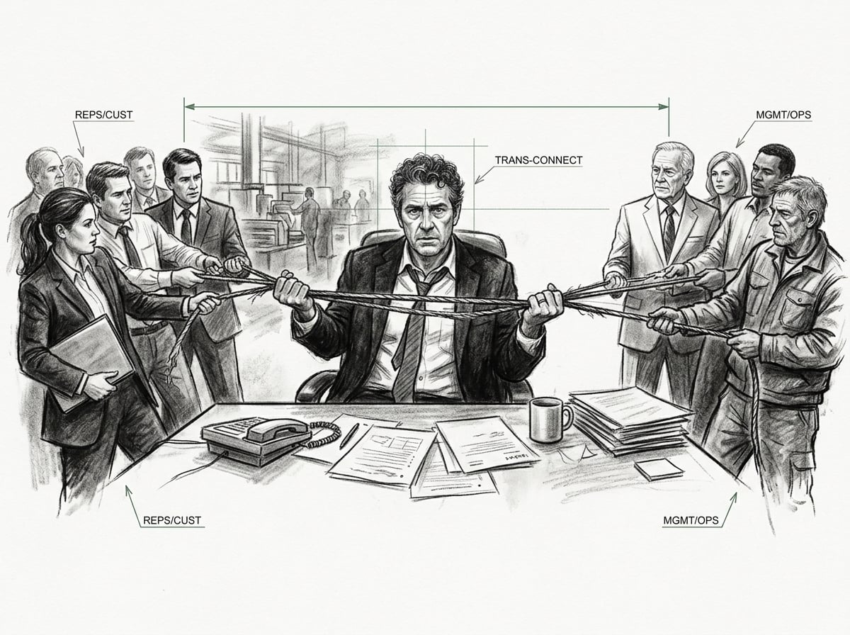 The industrial sales manager depicted as the transmission connecting reps and customers to owners and operations, playing coach, counselor and trainer at once
