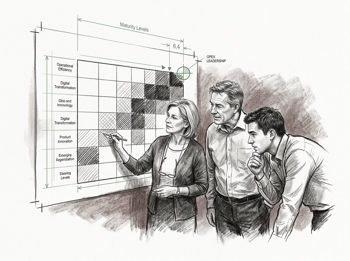 A multi-dimensional sales maturity heatmap scoring a team across categories, with leaders grasping new insight into their business