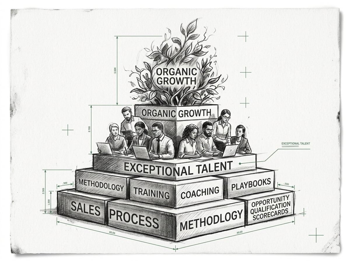 A pyramid showing organic growth built on exceptional sales talent atop building blocks of process, methodology, training, coaching, playbooks and qualification scorecards