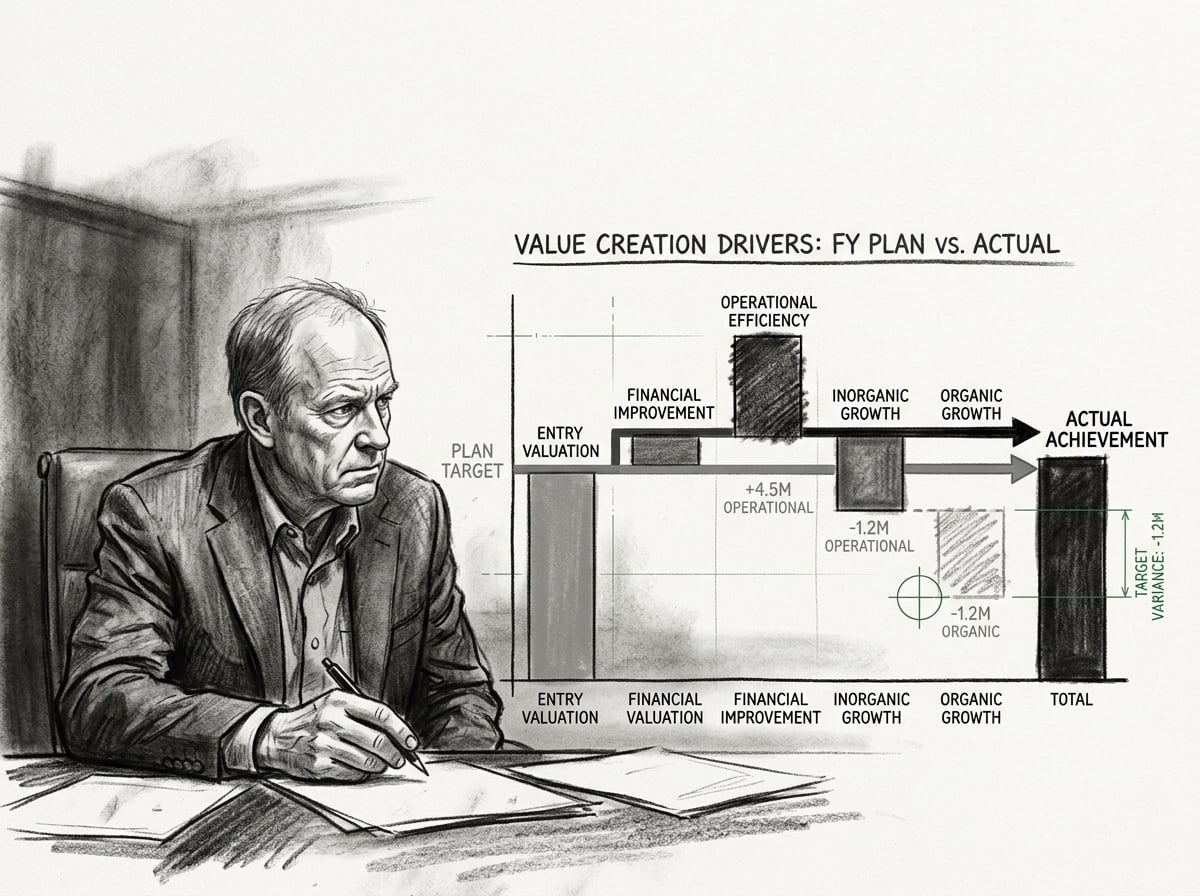 A value creation waterfall showing financial and operational improvement on target and inorganic growth on plan while organic revenue growth badly lags the thesis