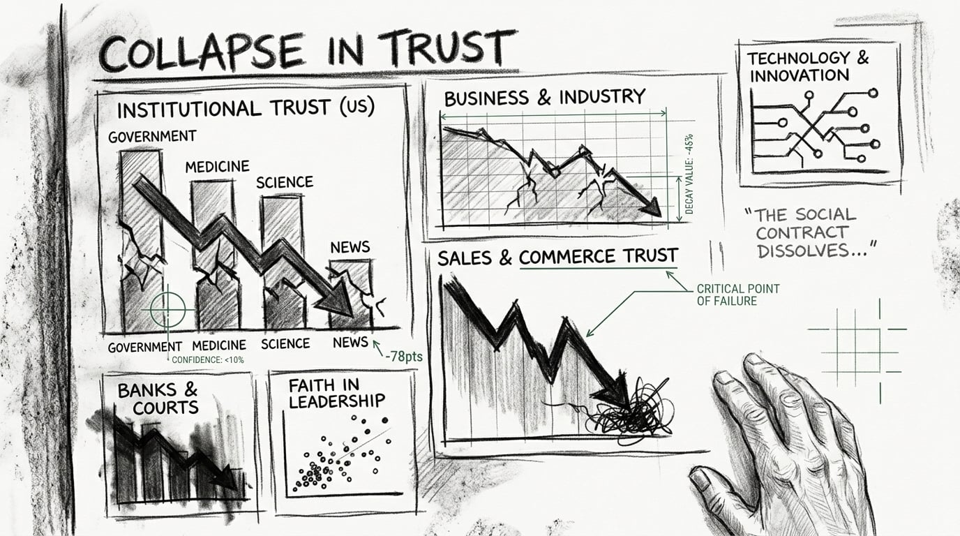 Data visualization of eroding trust across institutions including government, media, business and sales, illustrating the zero trust environment industrial buyers operate in
