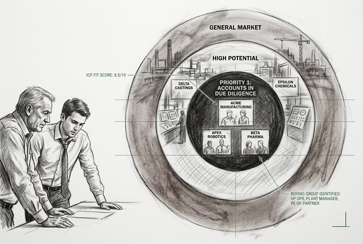 Charcoal bullseye diagram of account-based marketing with concentric target-account rings and annotated priority accounts