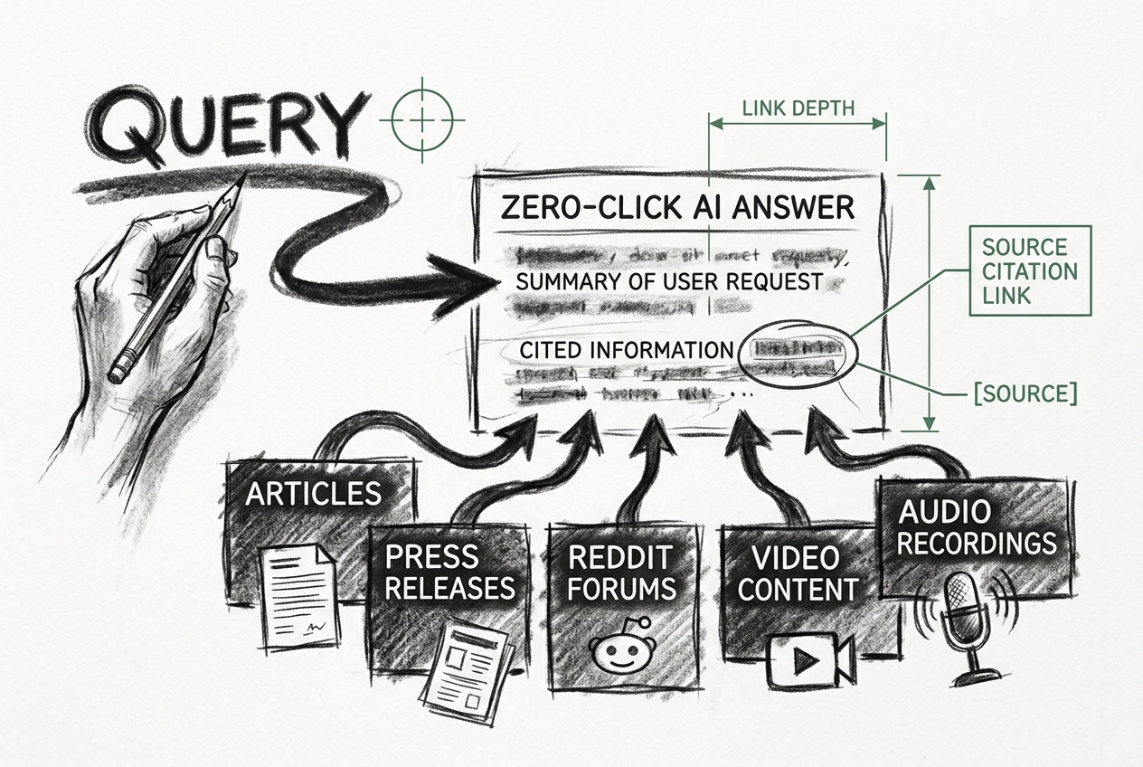 Charcoal diagram of an AI citation flow from a buyer query to a zero-click answer that cites the site as its source