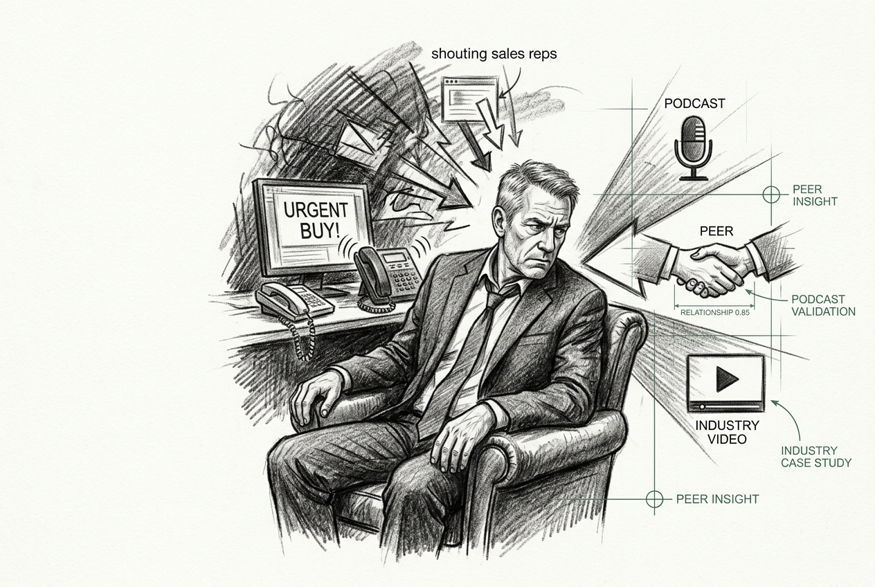 Charcoal scene of a skeptical industrial buyer overwhelmed by sales pitches while trusted peer, podcast and partner channels build credibility