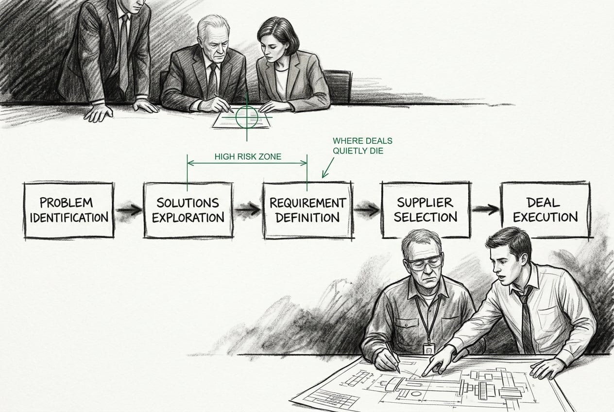 Charcoal diagram of the five sequential B2B buying decisions with the early decisions flagged as where industrial deals stall
