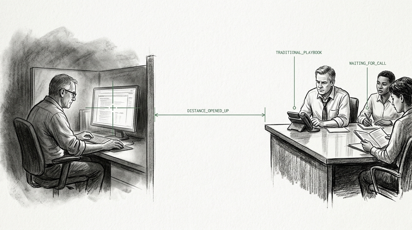 Charcoal illustration of a modern industrial buyer researching alone while a traditional sales team waits, showing how B2B buying behavior has changed