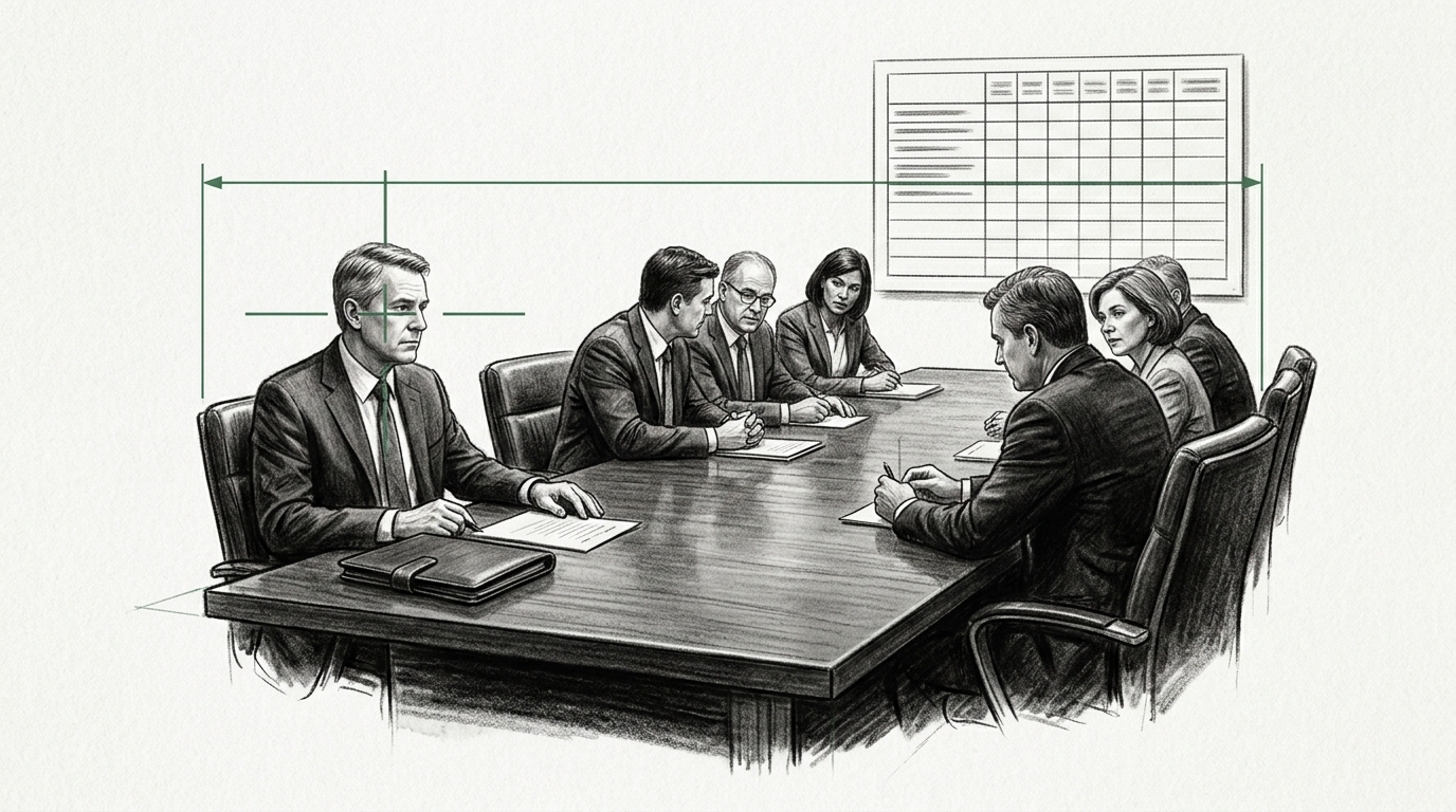Charcoal illustration of an industrial company boardroom with an independent director set apart from the group and a board skills matrix on the wall showing capability gaps