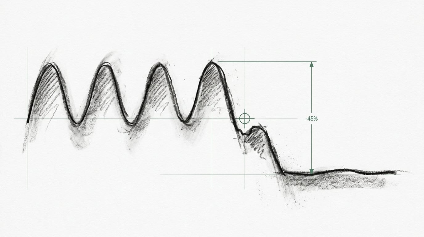 Charcoal chart of a market cycle breaking into a permanent lower plateau, a secular structural change in industrial sales and marketing
