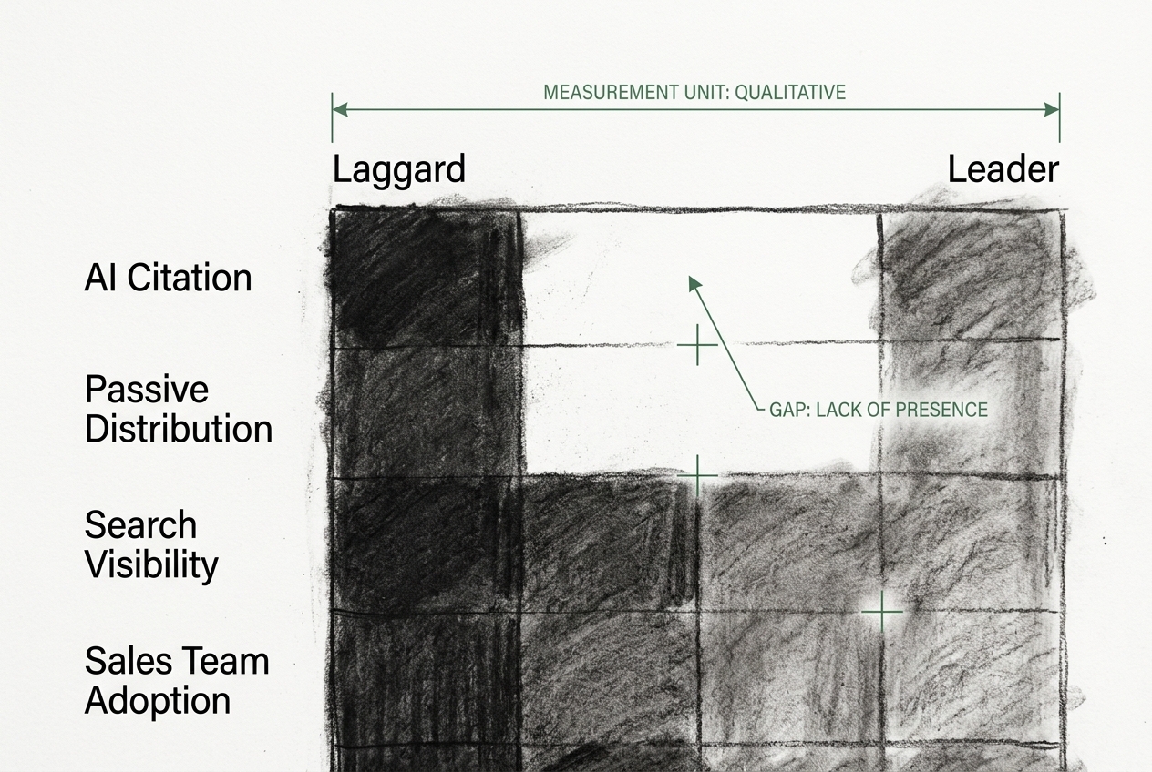Charcoal heatmap of a marketing maturity model scored across dimensions including AI citation and passive distribution gaps