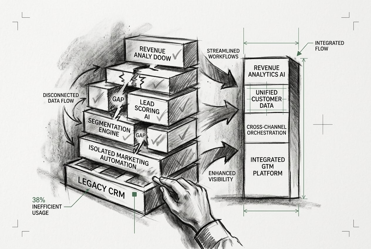 Charcoal architecture diagram of a marketing tech stack (CRM, marketing automation, AI) audited for usage gaps