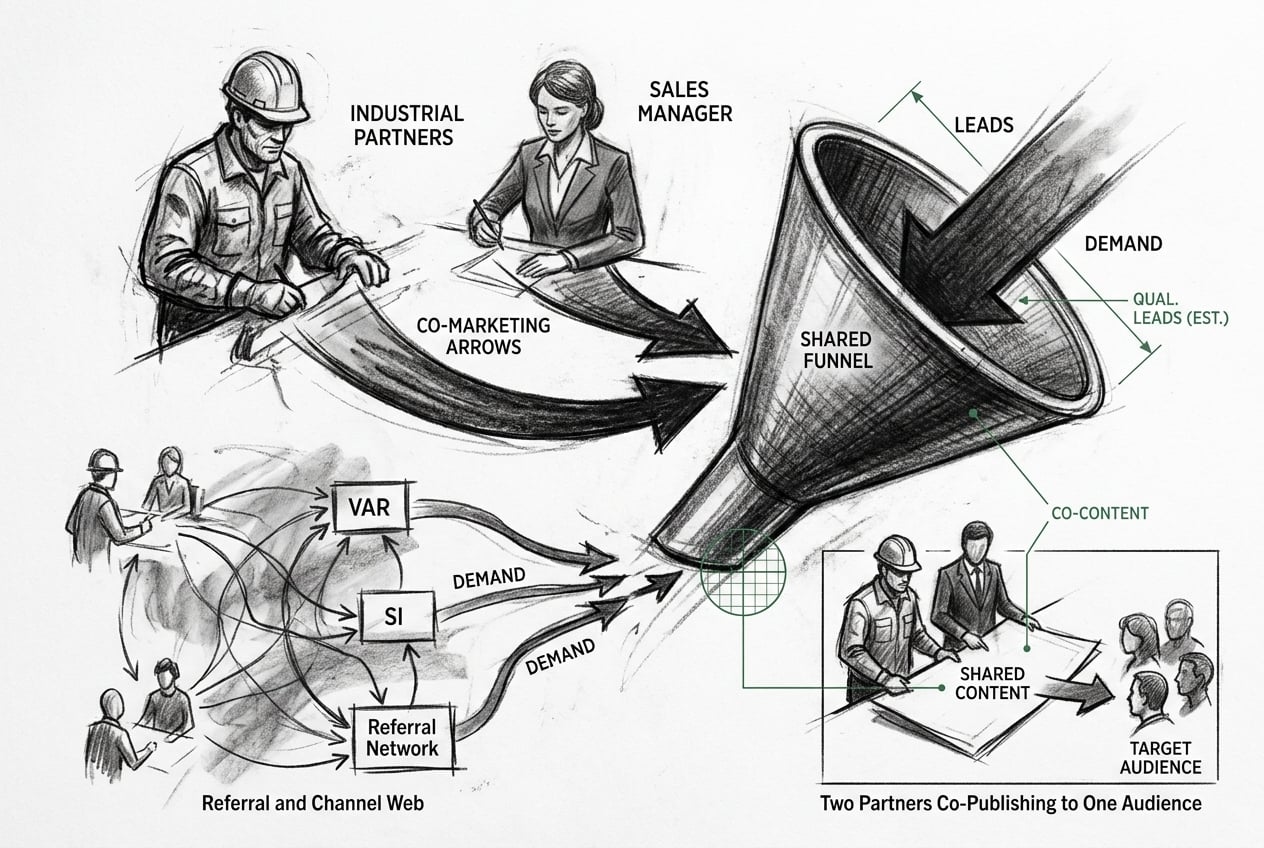 Charcoal diagram of partner co-marketing with two industrial partners feeding a shared demand funnel