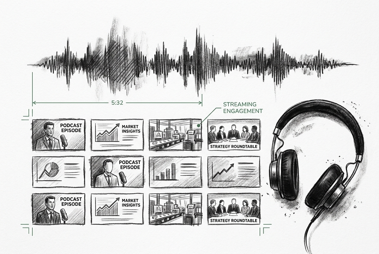 Charcoal illustration of an audio waveform over a grid of episode thumbnails representing passive podcast and video content
