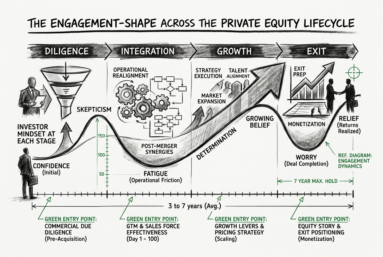 Charcoal timeline of the private equity hold period across diligence, integration, growth and exit with entry points for revenue-growth engagement