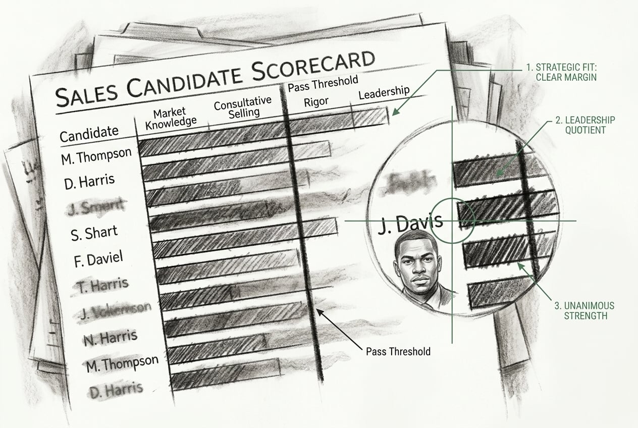 Charcoal diagram of a sales candidate assessment scorecard with competency bars and a pass threshold selecting one qualified industrial sales hire