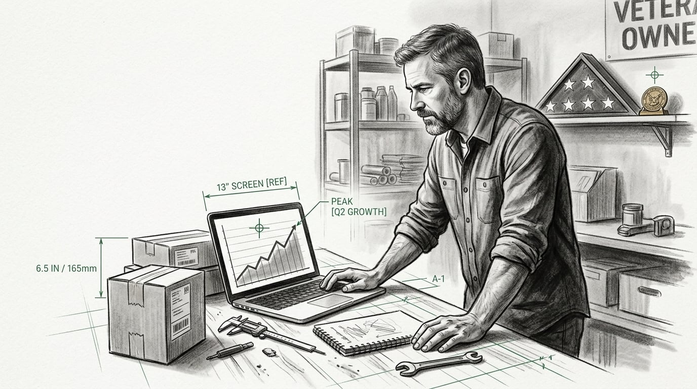 Charcoal illustration of a veteran-owned small business owner at a workbench growing the business with digital marketing tools
